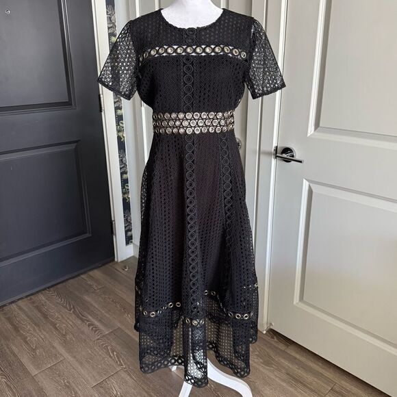 Maje Rome Black Lace Overlay A-line Midi Dress Size L - Picture 1 of 9